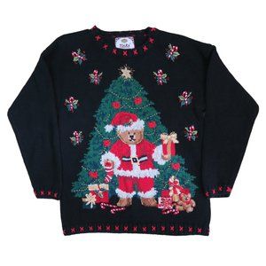 Vintage Tiara Christmas Bear Santa Knit Ugly Cute Sweater - Medium